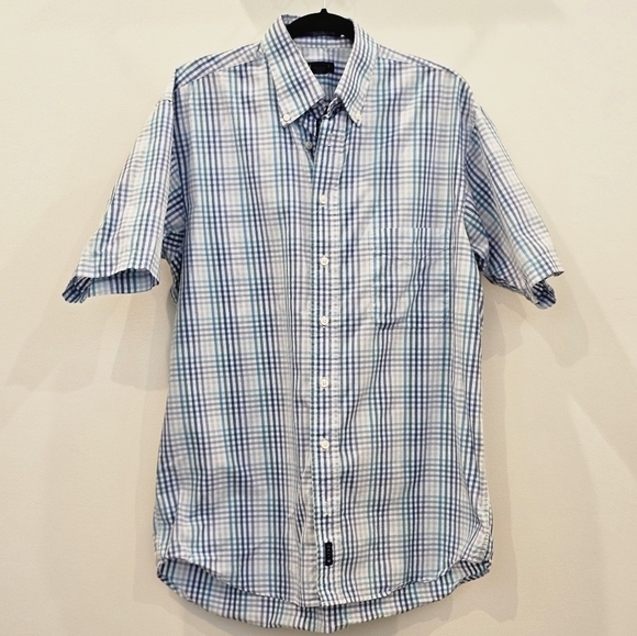 GANT Blue Plaid Button Down Short Sleeve Shirt Men's Large - Picture 2 of 7